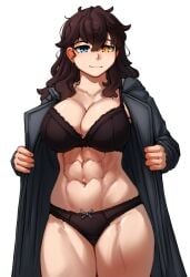 1girls abs ai_generated bra casual_clothes hismajestyii large_breasts long_coat muscular_female novelai panties seiko_tanaka_(hismajestyii) toned toned_body toned_female trench_coat wide_hips