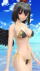 1girls 2023 3d beach belly_button bikini black_hair_female breasts cleavage clouds hati_yukkuri_mmd headwear light-skinned_female looking_at_viewer mmd mountain_of_faith outdoors red_eyes shameimaru_aya short_hair_female sky smiling_at_viewer solo_female solo_focus swimsuit tengu tokin_hat touhou water wings