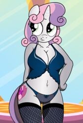 aged_up fishnets friendship_is_magic hair_on_head lingerie my_little_pony pananovich solo standing sweetie_belle_(mlp) thighhighs