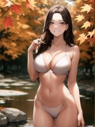 1girls ai_generated ai_mirror arm_up autumn autumn_leaves belly_button belly_button_piercing blush brown_hair forest green_eyes hand_holding_hair lake long_hair looking_at_viewer medium_breasts ring rocks smile trees underwear water white_skin white_underwear