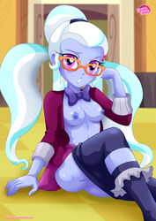 areolae blush breasts equestria_girls equestria_untamed female friendship_is_magic glasses human looking_at_viewer multicolored_hair my_little_pony nipples on_floor open_clothes open_shirt school_uniform sitting skirt solo_female sugarcoat tagme thighs twintails