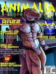 abs alligator alligatorid anthro bar barely_visible_genitalia barely_visible_penis biceps biped bow_tie bulge clothing cover crocodilian english_text eyewear genitals glasses hi_res iudicium86 looking_at_viewer magazine_cover male male_anthro male_focus male_only muscular muscular_anthro muscular_male nipples obliques pecs penis penis_base reptile scalie serratus solo standing tail text underwear