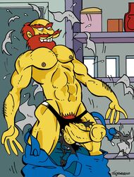 abs balls boner erect_nipples erection groundskeeper_willie human male male_only muscles pants_down pectorals penis precum red_hair ripped_clothes shirtless solo spurt the_simpsons victor_hodge