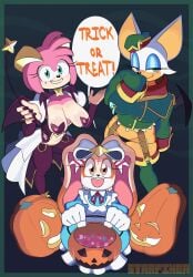 2d alternate_costume amy_rose big_breasts cosplay cream_the_rabbit halloween huge_breasts large_breasts mahou_shoujo_ni_akogarete mobian mobian_(species) mobian_bat rouge_the_bat sega sonic_(series) sonic_adventure_2 sonic_the_hedgehog_(series) starfinga vagina_bones wide_hips