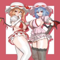 2girls 3d alternate_breast_size bat_wings big_breasts blonde_hair blue_hair duo female female_only flandre_scarlet hands_on_hips hat headwear idohori_people koikatsu older_sister ponytail red_eyes remilia_scarlet siblings side_ponytail side_view sideboob sisters skimpy_clothes skirt smile standing thighhighs thighs touhou vampire wings younger_sister