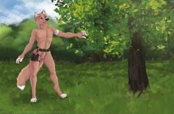 absurd_res animal_genitalia animal_penis anthro balls beozar beozar_(character) canid canine canis casual_nudity digital_media_(artwork) digitigrade feet food fruit fully_sheathed fur genitals grass harvesting hi_res male mammal nude outside penis plant sheath solo standing tail toes tree wolf