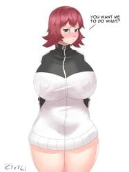 1girls black_eyes blush civildreams female freckles jacket kim_pine nipple_bulge partially_clothed red_hair scott_pilgrim short_hair solo solo_female sweat