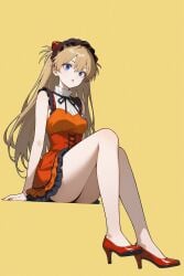 1girls ai_generated alternate_costume asuka_langley_sohryu dress full_body heels high_heels neon_genesis_evangelion open_mouth orange_hair shoppy skirt surprised yellow_background