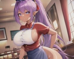 1girls ai_generated apron blue_eyes breasts cafe earrings hair_ornament hand_on_hip hoop_earrings large_breasts looking_at_viewer open_shirt ponytail purple_hair red_shirt rulles shantae shantae_(character) shirt waitress waitress_uniform