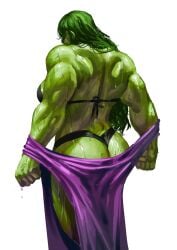 1girls athletic_female back_view big_ass black_bra black_panties black_thong bra butt dat_ass dress green_eyes green_hair green_skin jennifer_walters long_hair looking_at_viewer looking_back looking_over_shoulder marvel marvel_comics muscular_arms muscular_back muscular_female painting_(artwork) she-hulk sideboob simple_background sweat sweatdrop sweaty taking_clothes_off thong virgoart1509 white_background