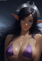 ai_generated bare_shoulders big_breasts black_hair breasts cleavage collarbone covered_nipples dark-skinned_female dark_skin elf elf_ears elf_female erect_nipples headwear kuroinu_~kedakaki_seijo_wa_hakudaku_ni_somaru~ looking_at_viewer nai_diffusion necklace olga_discordia overflowing_breasts pointy_ears pujopg purple_eyes revealing_clothes skimpy_bikini skimpy_clothes swimsuit very_long_hair