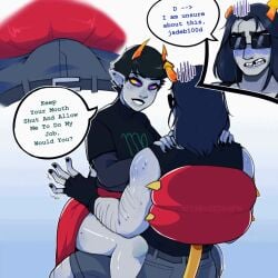 1boy 1girls alien alien_humanoid animated black_hair black_hair_female black_lipstick bulge cargo_shorts clothed clothed_female clothed_male colored_skin dialogue ear_piercing ear_piercings equius_zahhak fangs female glasses grey_skin headgear headwear homestuck homestuck_troll horn horns humanoid humanoid_alien hypnosis kanaya_maryam lipstick long_ears makeup male mind_control piercing piercings seyerusednsfw shades sharp_ears short_hair short_hair_male shorts sunglasses sweat sweatdrop sweaty text troll vampire