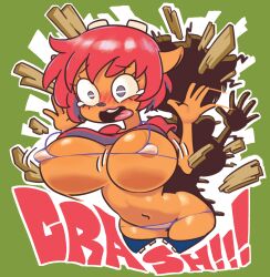 accident accidental_exposure bikini blush breaking breasts covered_nipples crashing embarrassed euf gray_eyes horns lamb lammy_lamb minus8 orange_body parappa_the_rapper red_hair red_lipstick short_hair tagme tears tongue tongue_out um_jammer_lammy voluptuous wide_hips wood