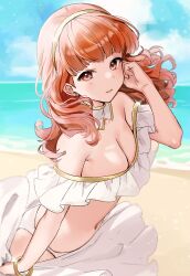 1girls alternate_costume bare_shoulders beach bikini blue_sky bracelet breasts celica_(fire_emblem) cleavage day detached_collar female female_only fire_emblem fire_emblem_echoes:_shadows_of_valentia hairband haru_(nakajou-28) highres jewelry long_hair looking_at_viewer medium_breasts navel nintendo ocean off-shoulder_bikini off_shoulder orange_hair outdoors sky solo stomach swimsuit teenage_girl teenager water white_bikini white_swimsuit yellow_hairband