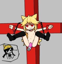 2girls angry angry_face censored crucifix crucifixion fangs female female_focus female_only flat_chest funamusea imminent_orgasm kemonomimi moge-ko mogeko_castle mosaic_censoring nipples penetration pongpongrun pussy restrained sex spread_legs yonaka_kurai