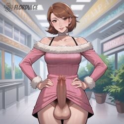 1futa ai_generated ball_hair balls brown_eyes brown_hair choker erect_penis erection flordulce futa_only futanari hairy_balls hairy_testicles hands_on_hips indoors penis persona persona_3 pink_sweater pubic_hair short_hair smile smiling solo_futa standing store sweater_dress testicles yukari_takeba