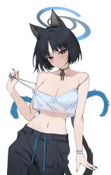 alternate_costume animal_ear_fluff animal_ears animal_tail belly belly_button black_choker black_fingernails black_hair black_hair_female black_nail black_nail_polish black_nails black_pants blue_archive blue_halo blush blushing_at_viewer blushing_female breasts cat_ears cat_tail choker cleavage closed_mouth covered_nipples crop_top crop_top_overhang feint721 feintheart721 female fingernails halo head_tilt kikyou_(blue_archive) looking_at_viewer midriff nail nail_polish navel nipple_bulge off_shoulder pants see-through see-through_shirt shirt short_hair simple_background slender_body slender_waist slim_girl slim_waist solo stomach strap_pull sweat thin_waist tilted_head topwear twintails white_background white_topwear