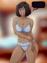 1girls avatar_legends blue_eyes bra dark-skinned_female english_text female kasugokage88 korra panties solo speech_bubble text the_avatar the_legend_of_korra water_tribe