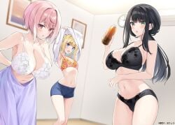 3girls :o absurdres armpit_crease armpits arms_behind_back arms_up bare_arms bare_shoulders black_bra black_hair black_panties blonde_hair blue_eyes blurry blush bottle bra breasts cleavage clock collarbone commentary_request daigo_sakurako depth_of_field green_eyes hand_up head_tilt highres holding holding_bottle indoors karasuma_chikage kounai_sandai_bijo_no_himo_shitemasu large_breasts lingerie looking_at_viewer looking_to_the_side medium_breasts multiple_girls navel ono_tsukasa open_mouth oryo_(oryo04) panties picture_frame pink_eyes pink_hair second-party_source short_shorts shorts sideboob sideways_glance small_sweatdrop stomach underwear undressing white_bra