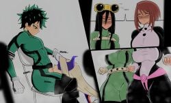 1boy 1girls 3girls ajaycolor big_breasts blowjob blush blush_lines breast_grab chair clothed clothing color color_edit colored colored_hair colored_inner_hair colored_sketch colored_skin comic edit erect_nipples_under_clothes fellatio female hero_outfit_(mha) izuku_midoriya kneeling kneeling_oral_position large_breasts long_hair lord_lince male medium_hair messy_hair mostly_clothed mount_lady muscular_male my_hero_academia ochako_uraraka older_female older_woman_and_younger_boy oral oral_sex pussy_juice pussy_juice_drip_through_clothes sex shounen_jump straight thick_thighs tsuyu_asui walk-in younger_male yuu_takeyama