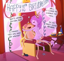 1boy 1girls adventure_time ass balls big_ass big_balls big_penis blargsnarf blonde_hair breasts celebration crown cum cum_drip cum_in_ass cum_inside cupcake decoration embrace erection female finn_the_human hair_tie hand_on_another's_ass hand_on_ass human long_hair looking_pleasured male naughty nipples nude older_female open_mouth panties panties_on_head party party_hat penis pink_hair pink_panties pink_skin princess_bubblegum pussy ribbon satisfied sex sitting sitting_on_lap sitting_on_person straddling throne throne_room tiara