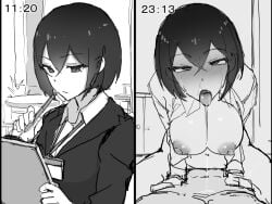 1boy 1girls 2_panel_comic 2koma after_kiss ahe_gao ahe_gao areola before_and_after big_areola big_breasts big_breasts black_hair black_hair_female black_suit blush blushing_female boss_and_employee boss_and_subordinate breasts breasts breasts_out business_attire business_suit business_woman clipboard collared collared_shirt coworkers drool drooling drooling_on_partner drooling_tongue hands_on_another's_chest hands_on_partner holding_clipboard holding_pen id_card identification_card implied_kiss instant_loss instant_loss_2koma lanyard monochrome no_color office_lady office_worker open_clothes open_mouth open_shirt orgasm orgasm_face pleasured pleasured_female saliva saliva_on_face shirabe_shiki suddenly_naked suit suit_jacket timestamp tits_out tongue tongue_out unbuttoned_shirt undressed white_shirt
