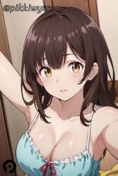 ai_generated armpits bangs bare_shoulders blush breasts brown_hair camisole cleavage collarbone female hige_wo_soru._soshite_joshikousei_wo_hirou. indoors large_breasts long_hair looking_at_viewer ogiwara_sayu pikkiwynn selfie solo upper_body yellow_eyes