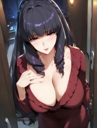 1female 1girls ai_generated bangs big_breasts breasts clothed clothed_female clothing commentary_request english_commentary female female_only hi_res highres indoors light-skinned_female light_skin long_hair long_hair_female looking_at_viewer mahouka_koukou_no_rettousei milf mole mole_under_eye mommy moriaaa opening_door solo solo_female very_high_resolution yotsuba_maya