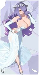 1girl alternate_costume backless_dress backless_outfit breasts bridal_gauntlets camilla_(fire_emblem) cleavage crown dress elbow_gloves fire_emblem fire_emblem_fates gloves hair_over_eyes hair_over_one_eye hand_in_own_hair hand_on_own_hip highres jewelry l4wless large_breasts light_smile lips long_dress long_hair nintendo parted_lips purple_eyes purple_hair ring silver_footwear silver_tiara slippers smile solo tiara white_dress white_gloves