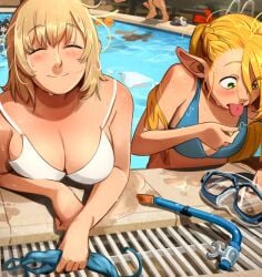 1boy 3girls after_cunnilingus after_fellatio after_oral big_breasts blonde_female blonde_hair blonde_hair_female breasts couple drowning drowning_in_background dungeon_meshi falin_touden female funny implied_cunnilingus implied_sex implied_yuri izutsumi khyleri lesbian lesbian_couple marcille_donato meme multiple_girls no_sex pool pool_party poolside senshi_(dungeon_meshi) swimming_pool swimsuit swimwear when_you_see_it yuri