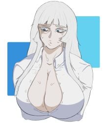 anime_style big_breasts blue_eyes cleavage cleavage_overflow clothed clothing female female_focus female_only front_view huge_breasts jormungand koko_hekmatyar sweat sweatdrop sweating sweaty sweaty_breasts tsuman_(artist) white_background white_eyelashes white_hair