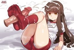 1girls ass breasts brown_hair buruma cum cum_on_body cum_on_clothes cum_on_hair cum_on_legs ebora ejaculation expressionless facial fate/extra fate_(series) female foot_fetish foot_focus footjob footjob_with_legwear gym_uniform highres kishinami_hakuno_(female) looking_at_penis looking_at_viewer penis red_buruma red_socks shirt sidelocks sock_fetish sockjob socks steam two-footed_footjob white_shirt yellow_eyes