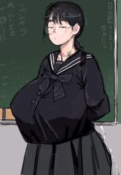 1girls big_breasts black_hair breasts busty curvaceous curvy curvy_body curvy_female curvy_figure female glasses huge_breasts large_breasts original original_character pipo_(nomaluuuu) school_uniform schoolgirl schoolgirl_uniform voluptuous