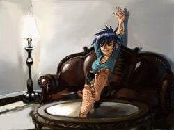 2023 5_fingers 5_toes absurd_res antique_furniture arms_up barefoot big_breasts black_pants blue_shirt brown_couch cleavage closed_eyes couch dark_blue_hair feet feet_crossed feet_focus female foot_fetish foot_focus glass_table gorillaz hi_res jaeyodesu lamp noodle_(gorillaz) scrunched_toes sitting slight_smile soles solo_female stretching twitter wrinkled_feet wrinkled_soles wrinkly_feet wrinkly_soles