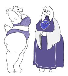 anthro ass belly big_breasts biped boss_monster_(undertale) bovid breasts caprine cellulite curvy_figure digital_drawing_(artwork) digital_media_(artwork) english_text female fur goat horn looking_at_viewer mammal mature_female mexifurfoof milf navel nipples overweight overweight_female red_eyes simple_background smile solo tail text thick_thighs toriel undertale undertale_(series) voluptuous white_body white_fur wide_hips