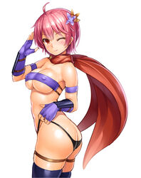 ass ass_cleavage ass_crack bare_shoulders berna_(sennen_sensou_aigis) black_panties blush breasts butt_crack cape cleavage covered_nipples cowboy_shot elbow_gloves erect_nipples female flower gauntlets gloves hair hair_flower hair_ornament lambda_(kusowarota) looking_at_viewer lowleg lowleg_panties nipples one_eye_closed panties pink_hair purple_gloves red_eyes revealing_clothes sennen_sensou_aigis short_hair smile solo strap_pull thigh_strap underboob underwear