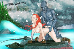 all_fours blue_eyes breasts doggy_style female forest from_behind game_of_thrones long_hair male monster penetration sex snow spread_legs the_worst undead wall winter woods ygritte