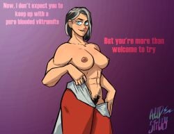 acidsticky big_ass big_breasts blue_eyes dark_hair grey_hair hairy_pussy invincible looking_at_viewer muscles nolan_grayson omni-man omni-woman rule_63 thick_ass thick_thighs undressing