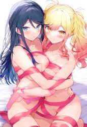 2girls ai_generated bed bedroom belly belly_button big_breasts blush breasts breasts_out cleavage completely_naked_female completely_nude completely_nude_female functionally_nude functionally_nude_female high_resolution highres hoshino_ichika_(project_sekai) lesbian medium_breasts naked navel nipples on_bed partially_nude project_sekai ribbon ribbon_bondage ribbons tenma_saki tits_out tummy underboob wrapped yuri