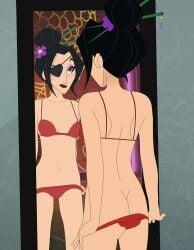 1girls big_hero_6 big_hero_6:_the_series black_hair eyepatch green_eyes looking_in_mirror marvel mehefin013 underwear yama's_assistant