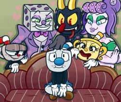 bisexual_male blue_eyes blush cala_maria cuphead cuphead_(game) heart heart-shaped_pupils imminent_sex king_dice meme ms._chalice mugman piper_perri_surrounded tagme the_devil_(cuphead)