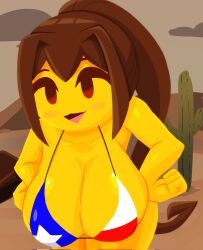 1girls alternate_version_available big_breasts bikini breasts brown_hair eldibujador501 emoji emoji_(race) female female_only hands_on_hips long_hair mob_face open_mouth open_smile smile solo solo_female