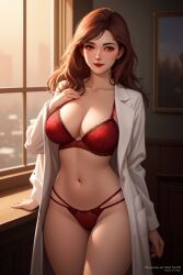 brown_eyes brown_hair golden_hour lingerie nurse red_lingerie red_lipstick seductive seductive_smile