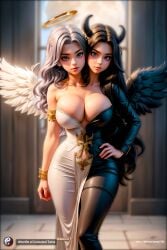 2girls 2heads ai_art ai_generated angel angel_girl angel_halo angel_wings big_breasts black_hair black_wing blonde_hair cleavage cleavage_cutout conjoined conjoined_twins curly_hair curvy curvy_female curvy_figure demon demon_girl demon_horns female female/female female_only hand_on_hip huge_breasts identical_twins large_breasts looking_at_viewer low_cut_top same_face seaart.ai siamese_twins sisters stuck_together swago3789 thick_hips thin_waist twin_sisters twins twoheads wavy_hair white_female white_skin white_wing wide_hips wings