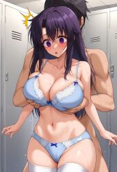 ai_generated black_hair blind blind_girl blush bra breast_grab breasts clothed_female_nude_male empty_eyes female gastkeser82 groping groping_from_behind kawana_misaki large_breasts light_blue_bra light_blue_panties long_hair male navel nude_male one:_true_stories panties purple_eyes sneaky surprised thighhighs white_thighhighs