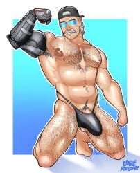 apex_legends artist_logo backwards_baseball_cap baseball_cap black_thong bulge commission commissioner_upload daddy flexing flexing_bicep fuse_(apex_legends) hairy hairy_chest hairy_male high_resolution lube_raccoon male_focus mechanical_arm simple_background smiling_at_viewer sunglasses white_hair