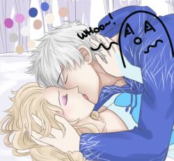 1boy 1girls blonde_hair closed_eyes crimsonblume crossover crossover_pairing disney disney_princess dreamworks elsa_(frozen) eyeshadow female french_kiss frozen_(film) hand_in_hair jack_frost jack_frost_(rise_of_the_guardians) jelsa kissing male male/female paramount_pictures passionate_kiss rise_of_the_guardians romantic straight tongue_kiss white_hair