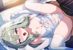 1boy 1girls ai_generated ass bed bedroom belly belly_button blush breasts clothed clothing female green_hair high_resolution highres kusanagi_nene legs lingerie male medium_breasts missionary missionary_position navel on_back on_bed panties panties_aside penis project_sekai purple_eyes pussy ribbon stockings thighs tummy underwear vaginal_insertion vaginal_penetration vaginal_sex waist wedding_dress wedding_lingerie wedding_veil