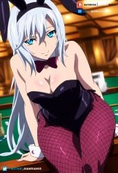 ai_generated big_breasts blue_eyes bunny_ears bunnysuit casino juanpi_amvs la_folia_rihavein long_hair on_table patreon patreon_username silver_hair strike_the_blood thighs watermark