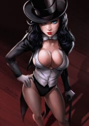 1girls black_hair breasts cane cleavage clothing dandon_fuga dc dc_comics female female_only fishnet_pantyhose fishnets hair handwear hat headgear headwear human justice_league pale_skin solo straight_hair tailcoat top_hat zatanna zatanna_zatara